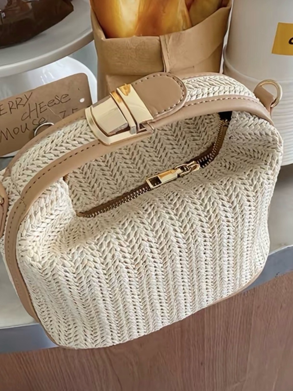 Cream Woven Mini Crossbody Bag with Tan Trim